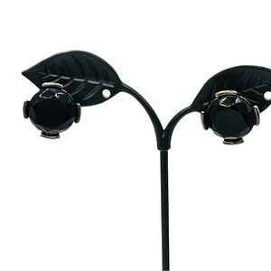 Mid-Century Modern Black Glass Cabochon Earrings, Gunmetal Tone, Chunky Clip Ons